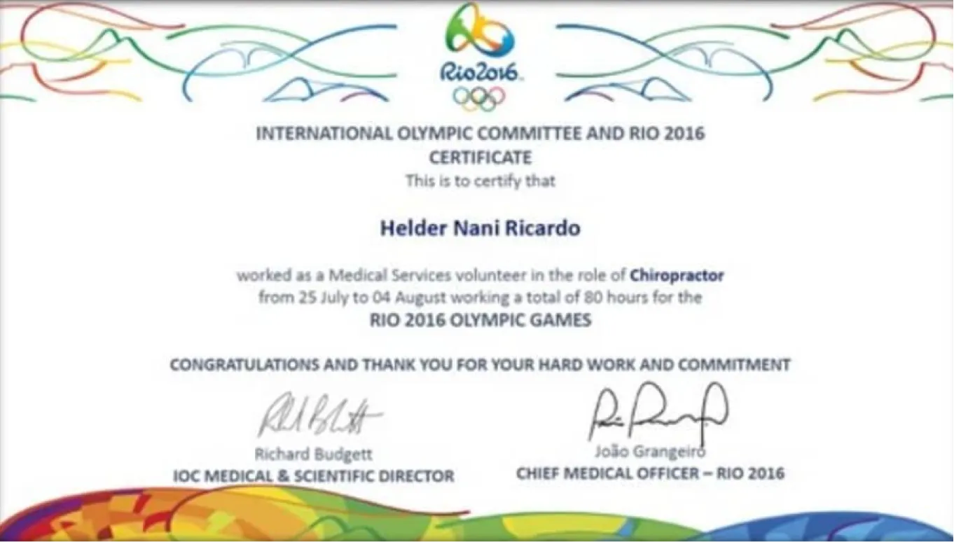 Certificado do Comitê Olímpico Internacional e do Rio 2016 atestando a atuação de Helder Nani Ricardo como Quiropraxista no serviço médico dos Jogos